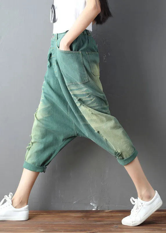 Green Pockets Hole Harem Pants Spring