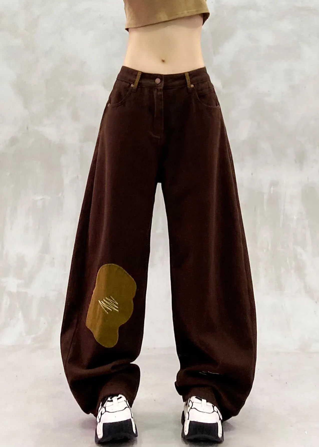 Brown Oversized Patchwork Applique Denim Pants Spring
