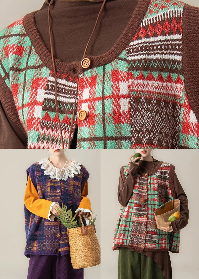 Organic Purple Plaid O-neck Cotton Knit Waistcoat Sleeveless Spring