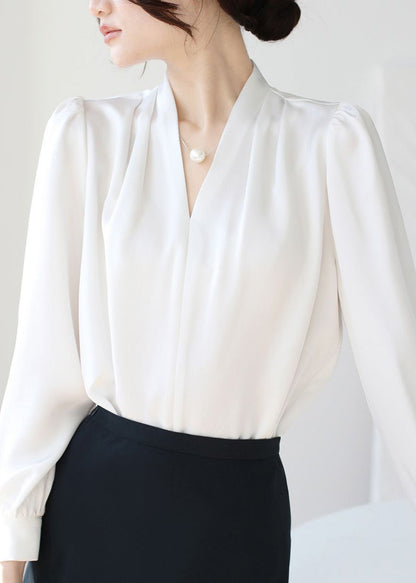 White Button Original Design Silk Fall Shirt V Neck