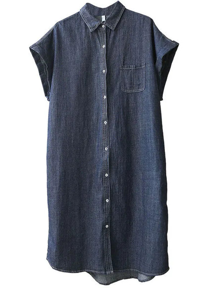Navy Color Peter Pan Collar Button Cotton Denim Dresses Short Sleeve