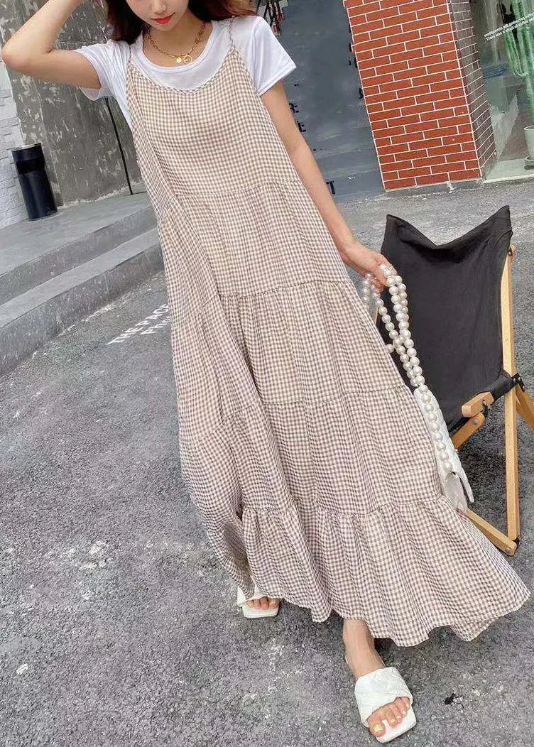 Khaki Slash Neck Plaid T Shirts and Long Dress Two Pieces Set Summer