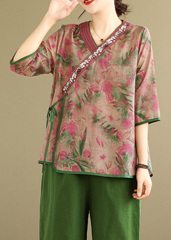 Green V Neck Print Top Bracelet Sleeve