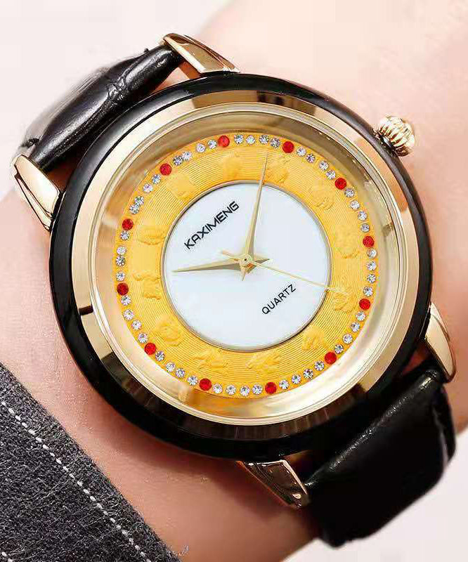 Black Leather Alloy Zircon Inlaid Jade Tempered Glass Waterproof Watch