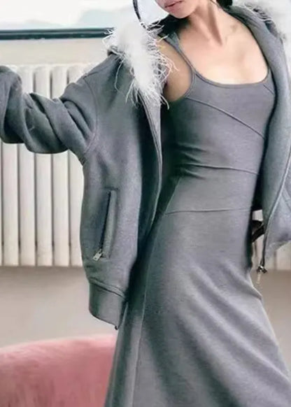 Grey Fur Collar Zippered Fleece Sweatshirt and Skirts Two Pieces Set Winter