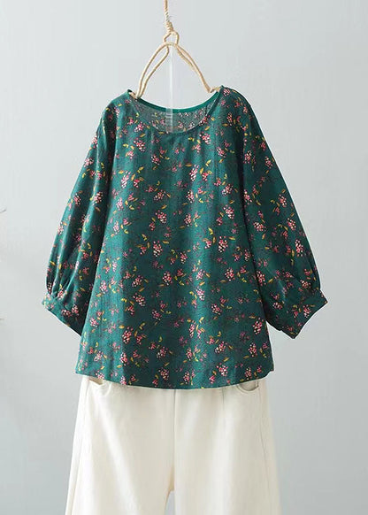 Fitted Blue O-neck Print Shirt Top Long Sleeve
