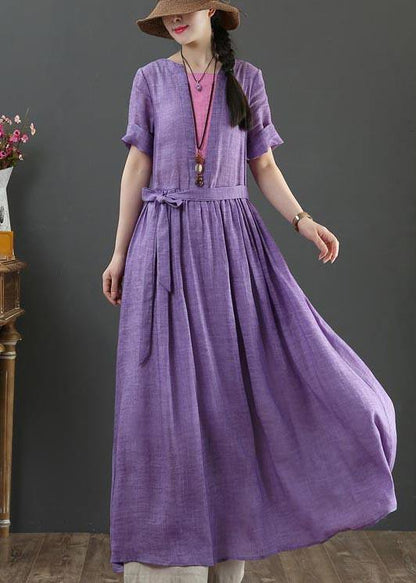 Loose Purple Patchwork Bow Summer Linen Dress