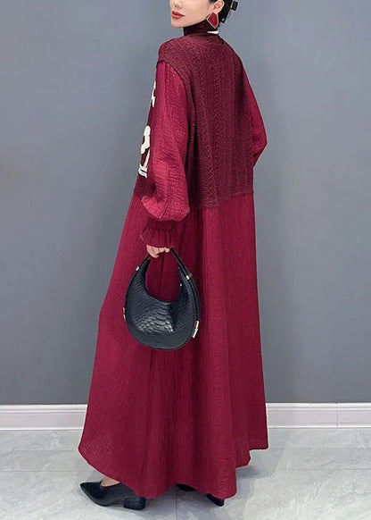 Handmade Red Turtleneck Print Button Fake Two Pieces Knit Maxi Dress Long Sleeve