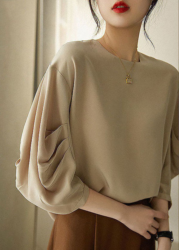 Khaki O-neck Cinched Chiffon Shirt Tops Lantern Sleeve