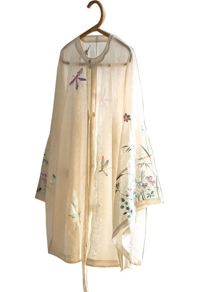 Apricot O-neck Embroidered Button Shirt Fall