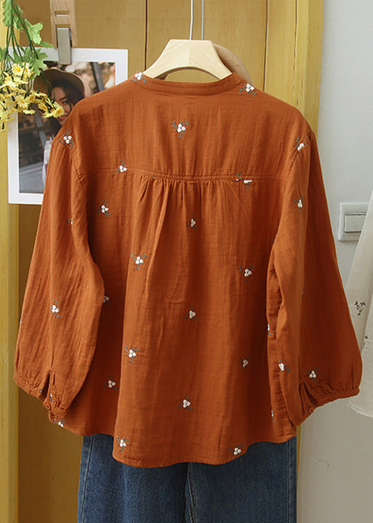 Orange Embroideried Button Cotton Blouse Long Sleeve
