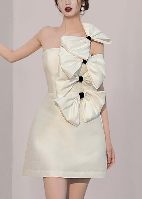 White Bow Silk Mid Dress Sleeveless