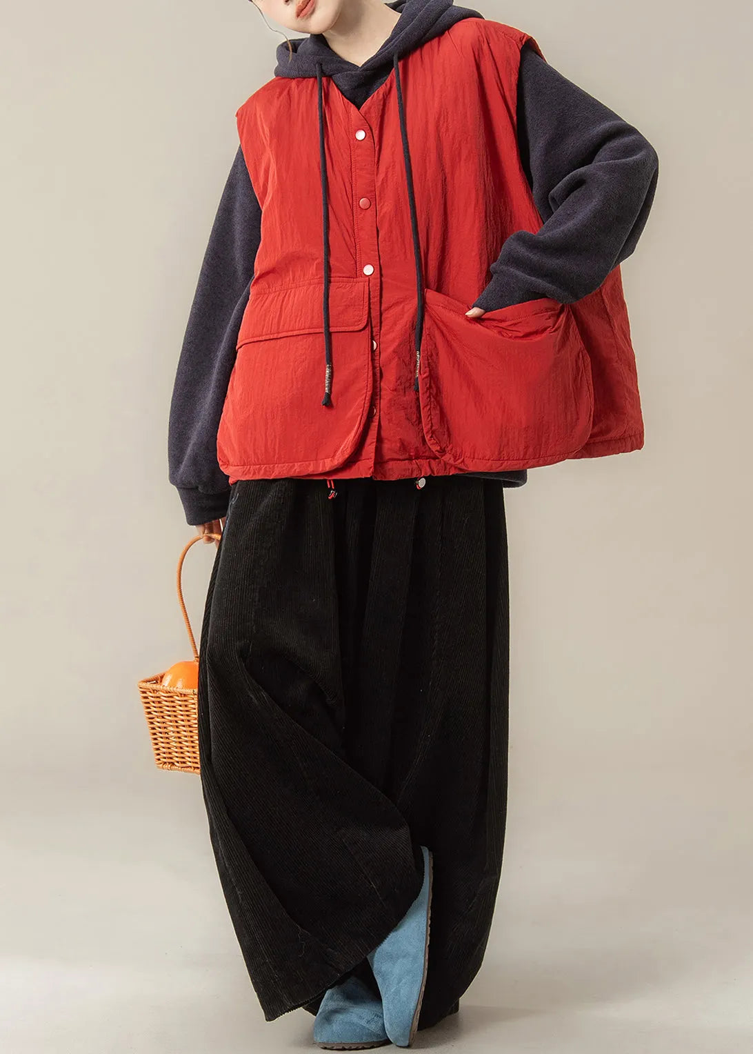 Red Pockets Drawstring Waistcoat and Black Wide Leg Pants Two-piece Set Sleeveless
