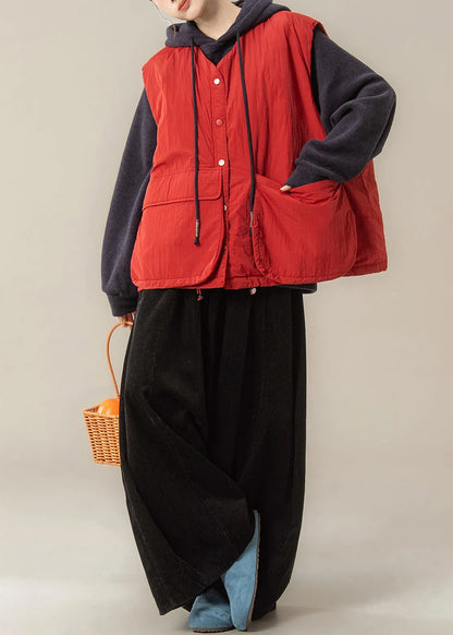 Red Pockets Drawstring Waistcoat and Black Wide Leg Pants Two-piece Set Sleeveless