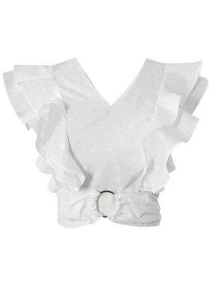 White V Neck Ruffleszippered Summer Top
