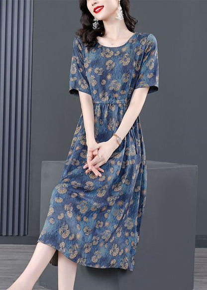 Navy Tie Waist Print Silk Robe Dresses Summer