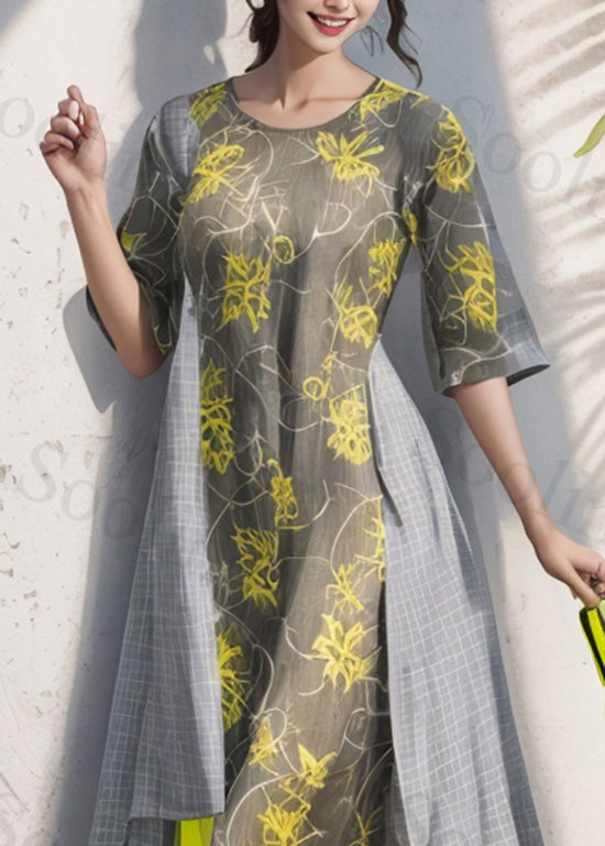 Natural Colorblock O Neck Print Loose Silk Dress Summer