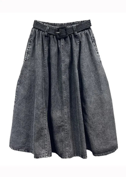 Black Gray Elastic Waist Pleated Pocket Denim Skirt Autumn