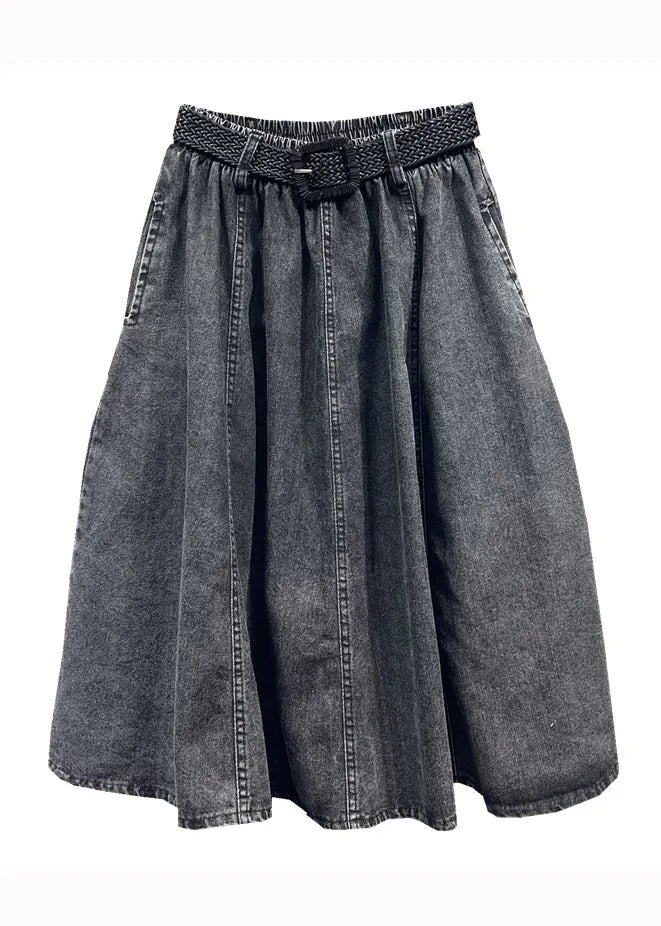 Black Gray Elastic Waist Pleated Pocket Denim Skirt Autumn