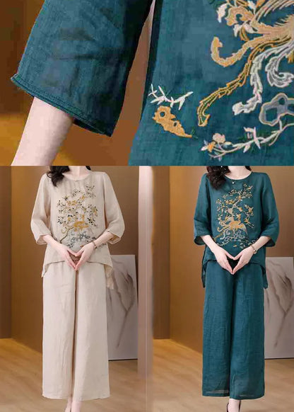 Blackish Green Embroidered Low High Design Linen Two Pieces Set Spring