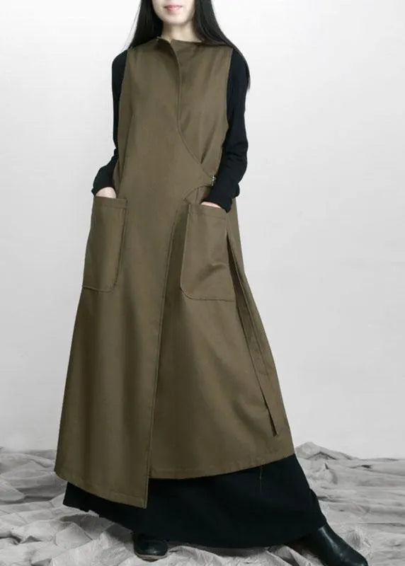 Army Green Asymmetrical Design Pockets Fall Long Waistcoat