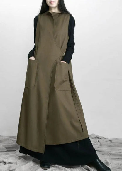 Army Green Asymmetrical Design Pockets Fall Long Waistcoat