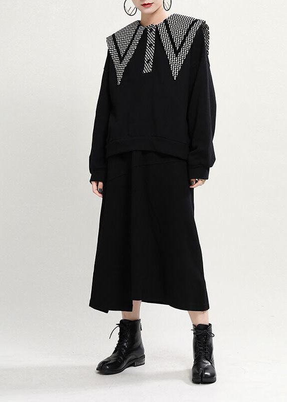 Black Peterpan Collar Button Print Fall Loose Sweatshirts Top