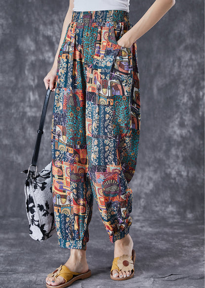 Elastic Waist Print Pockets Cotton Pants Summer