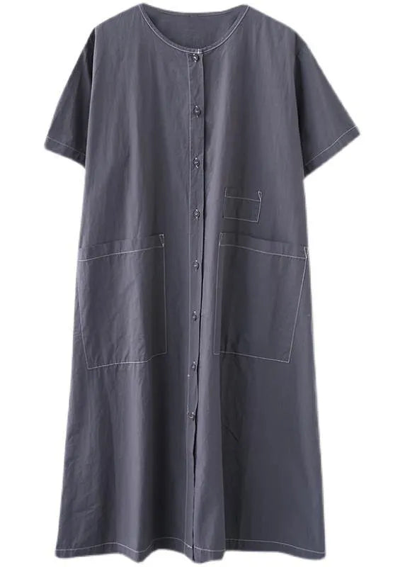 Blue Pockets Short Sleeve Maxi Summer Cotton Dress