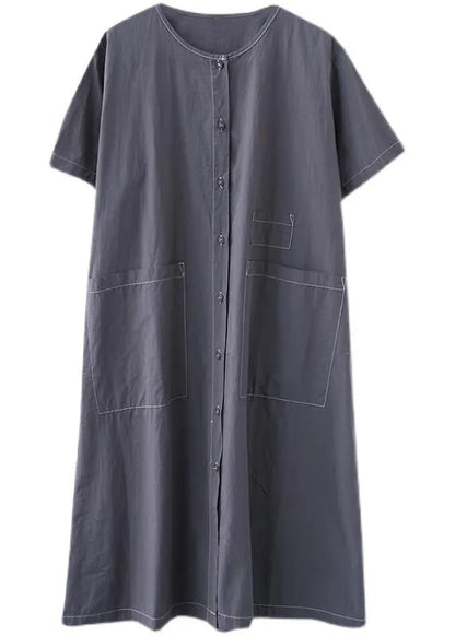 Blue Pockets Short Sleeve Maxi Summer Cotton Dress