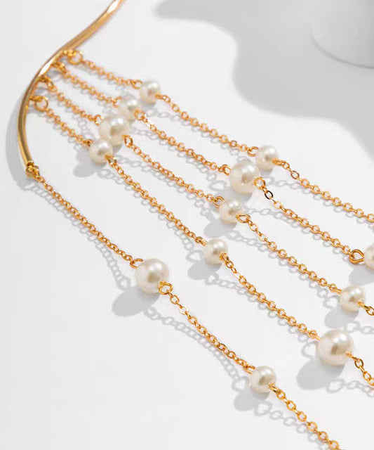 Style Gold Copper Alloy Pearl Beading Tassel Lariat Necklace