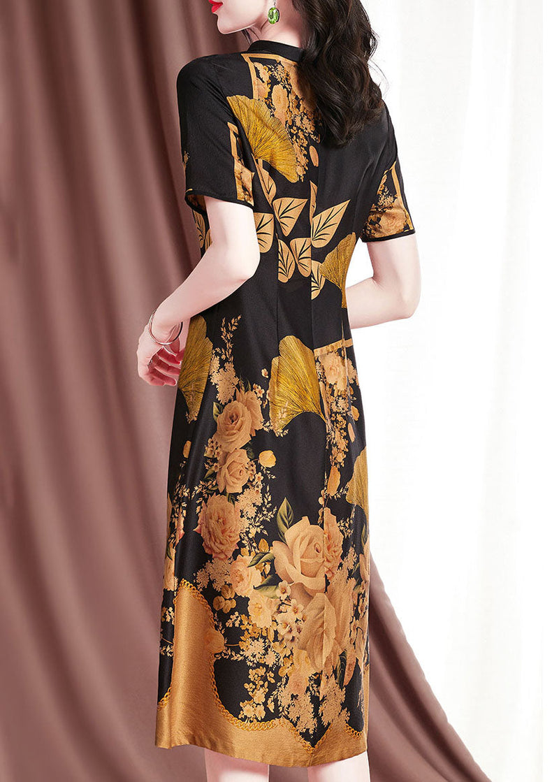Fitted Black O-neck Print Side Open Silk Dress Short Sleeve