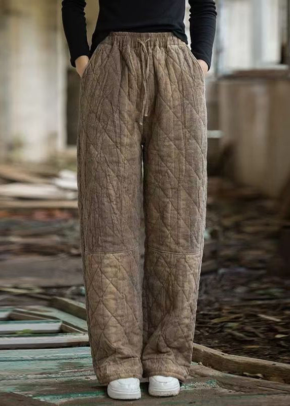 Brown Tie Dye Elastic Waist Cotton Filled Pants Plaid