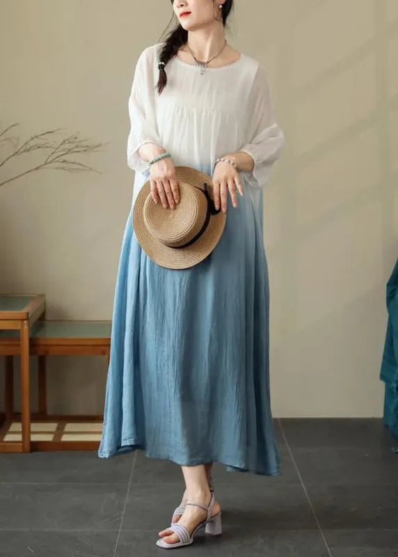 Blue Wrinkled Cotton Dresses O Neck Summer