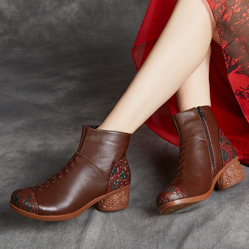 Black Boots Chunky Cowhide Leather Embossed Boots