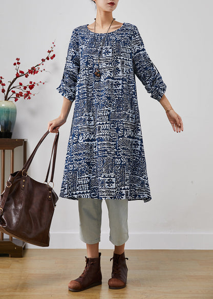 Navy Oversized Print Linen Dress Fall