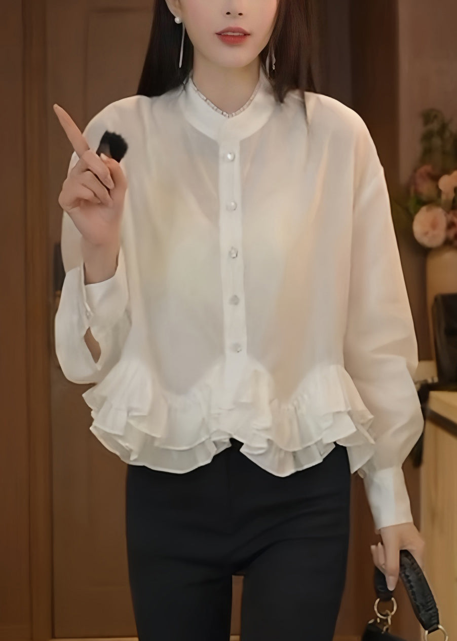 White Stand Collar Ruffled Cotton Blouses Fall