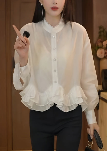 White Stand Collar Ruffled Cotton Blouses Fall