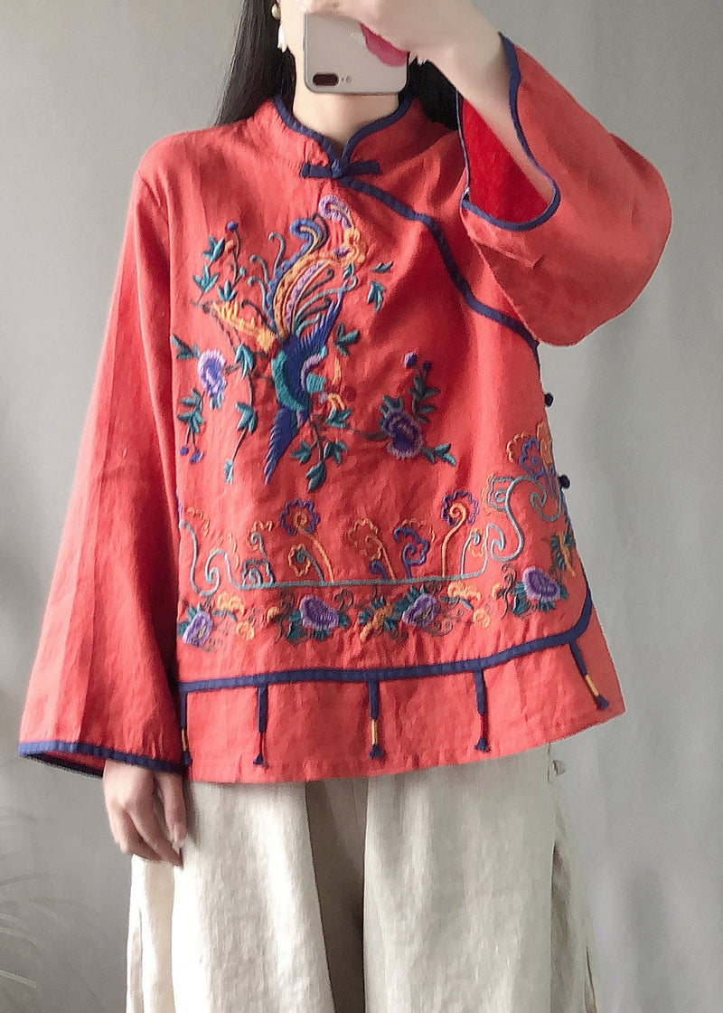 Red Embroideried Button Linen Top Long Sleeve