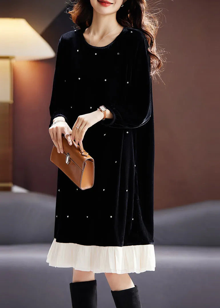 Fine Black O Neck Nail Bead Patchwork Velour Dress Fall
