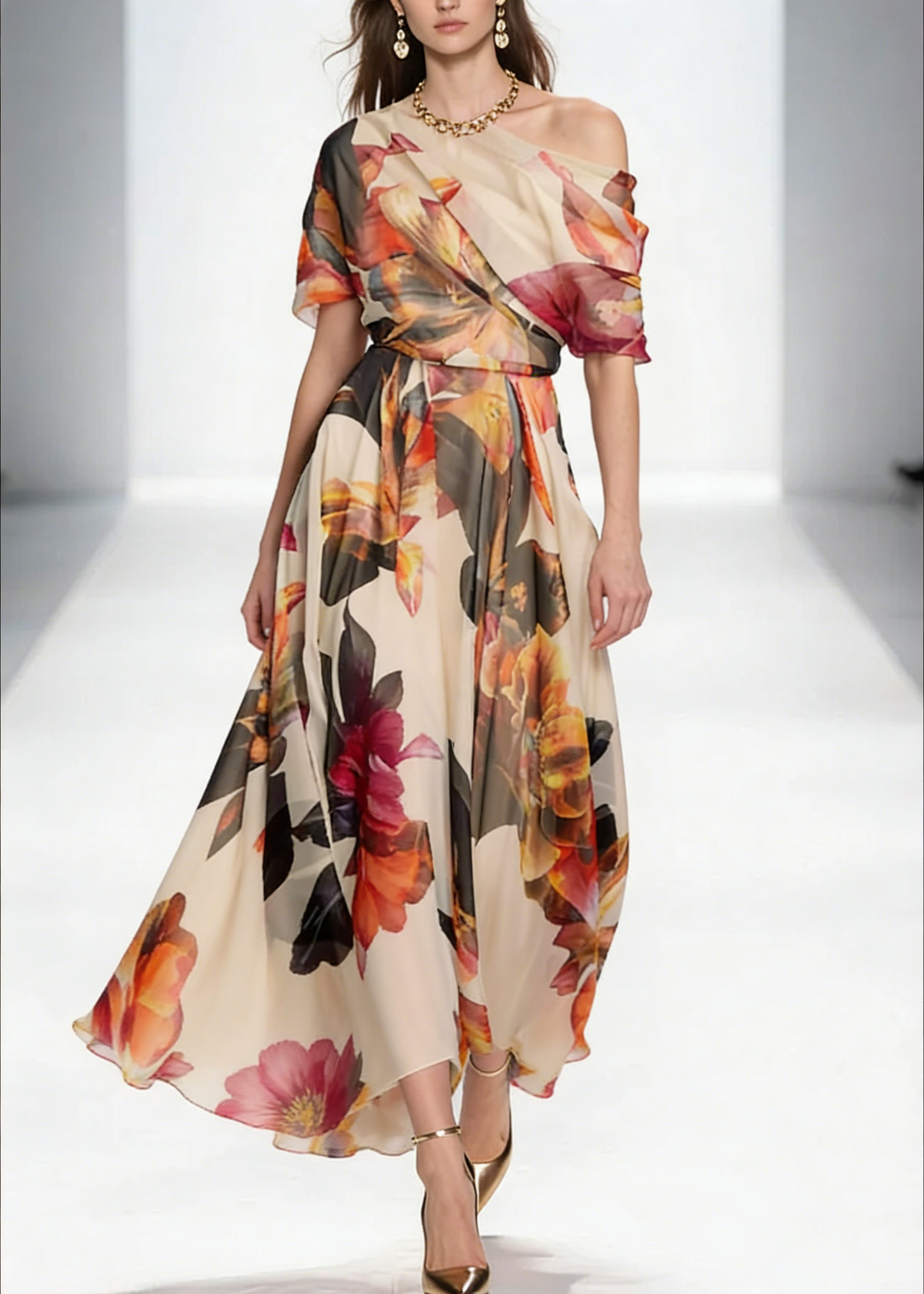 French Asymmetrical Print Chiffon Maxi Dresses Summer