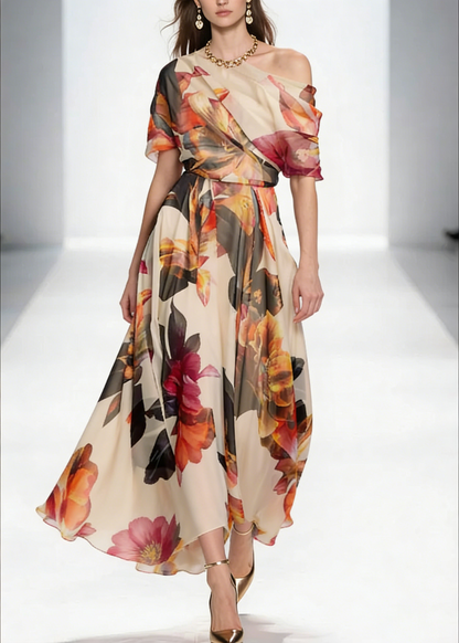French Asymmetrical Print Chiffon Maxi Dresses Summer