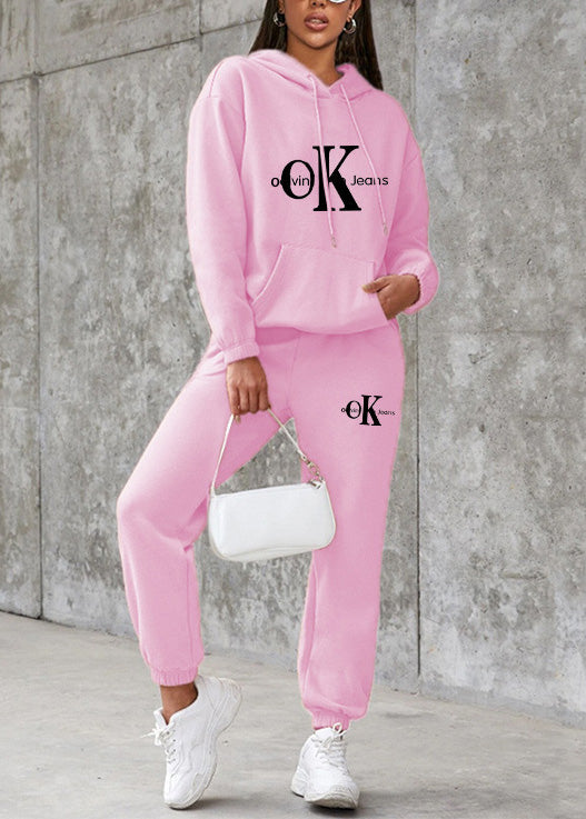 Pink Hooded Graphic Cotton Two-piece Set Spring