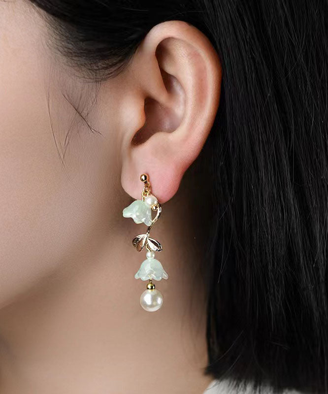 Cyan Alloy Pearl Tassel Bell Orchid Drop Earrings
