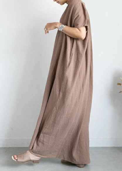 Khaki V Neck Patchwork Cotton Ankle Dresses Summer