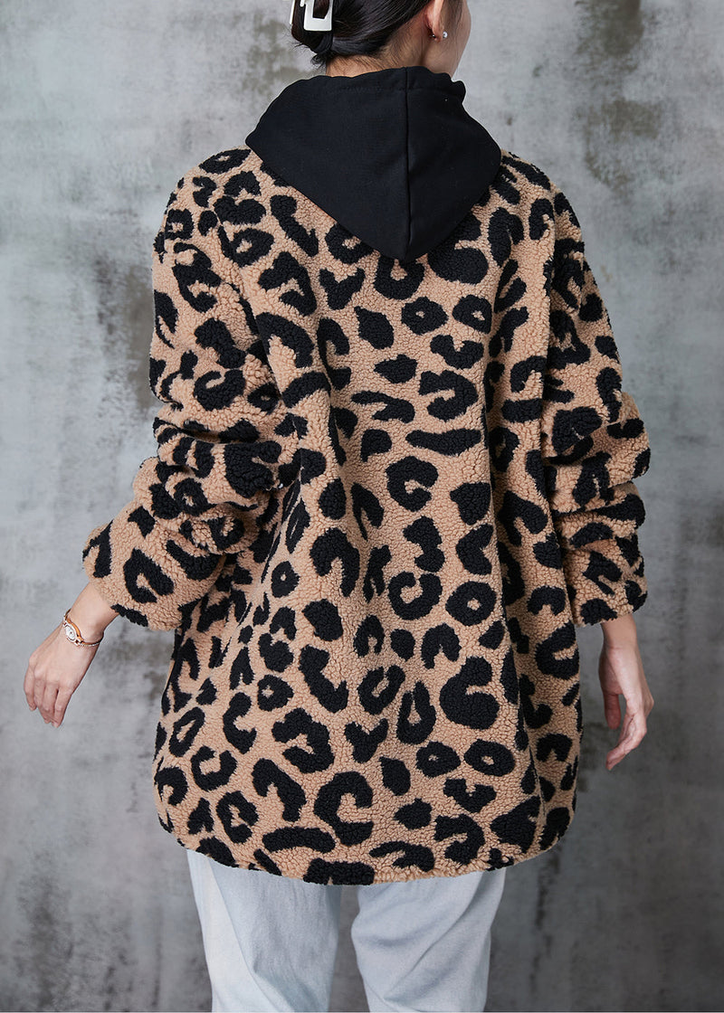 Khaki Hooded Leopard Print Fine Cotton Filled Faux Fur Coat Winter