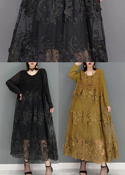 Loose Black O-neck Lace Vacation Dresses Long Sleeve