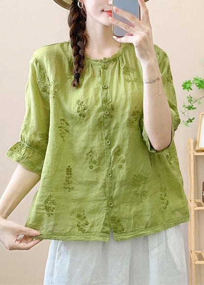Green Embroideried Patchwork Linen Shirt Summer