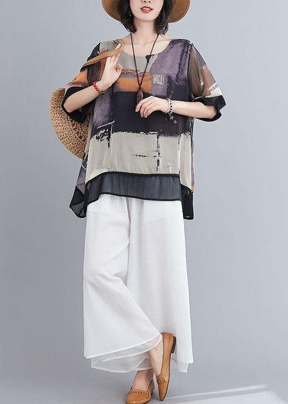 Diy Purple Print Chiffon Tops White Wide Leg Summer Two Pieces Set