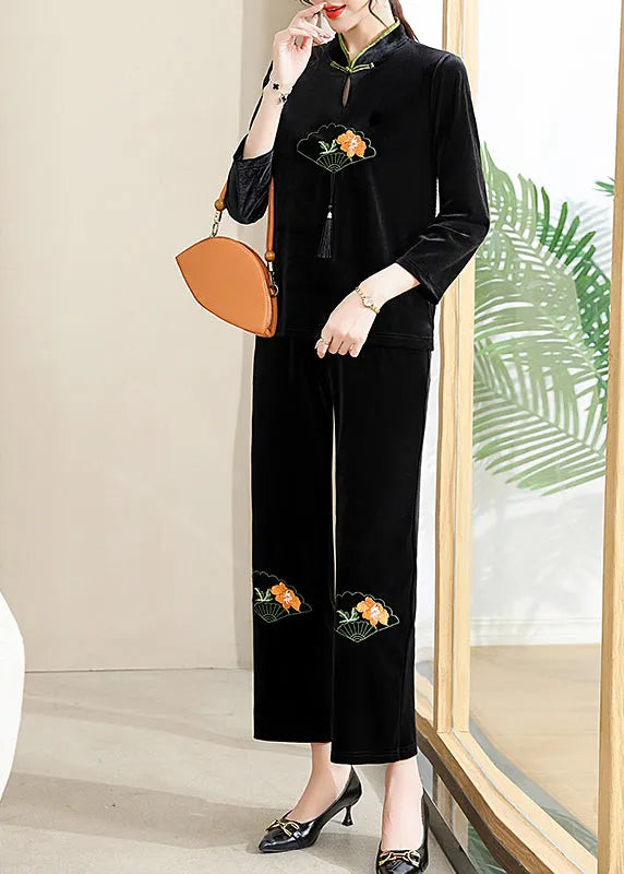 Organic Black Embroideried Button Silk Velour Two Piece Set Fall